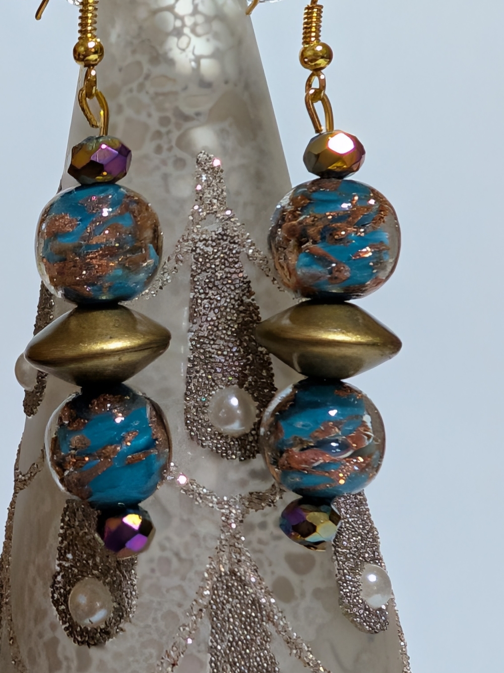 NWOT Handmade Turquoise & Copper/Gold Glass Bead Dangle Earrings